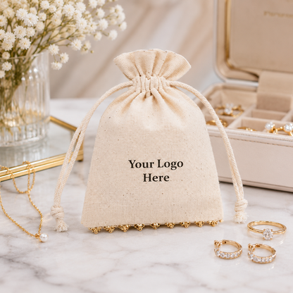100pcs Custom Jewelry Packaging Pouches with Lace | Cotton Drawstring Bags with Logo
