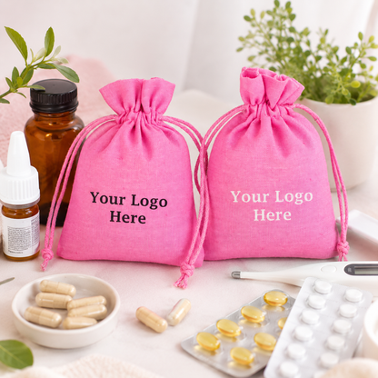 100pcs - Custom Pharmacy Packaging Pouches | Branded Cotton Drawstring Bags