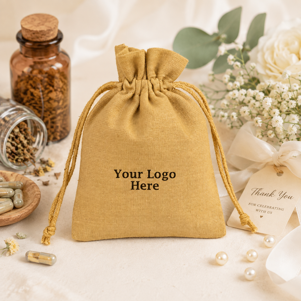 100pcs Custom Supplement Packaging Pouches | Cotton Drawstring Bags with Logo