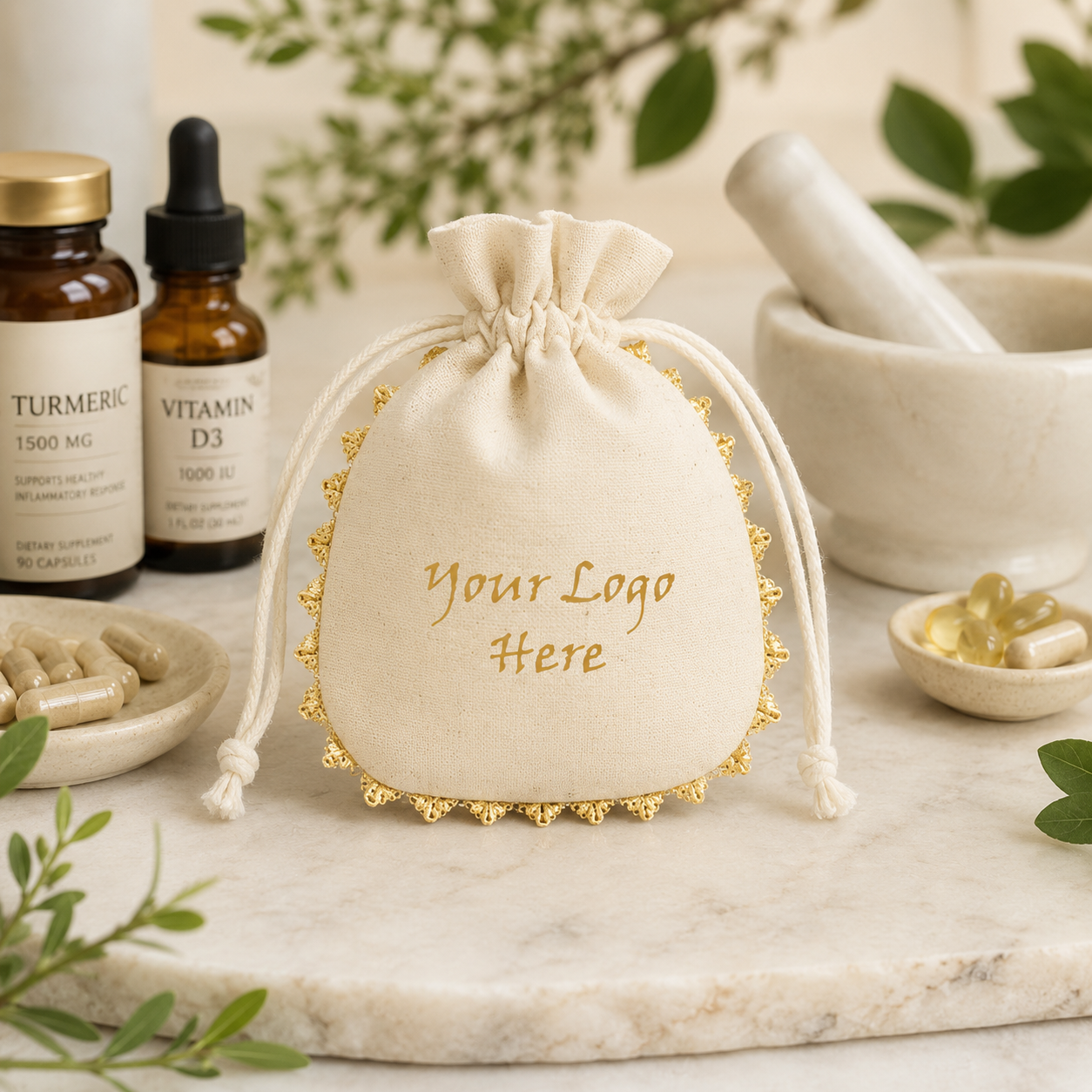 100pcs Custom Round Lace Medicine Pouches | Cotton Drawstring Bags for Healthcare Products