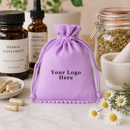 100pcs Custom Remedy Bags | Cotton Pouches with Pompom Drawstring for Retail Packaging