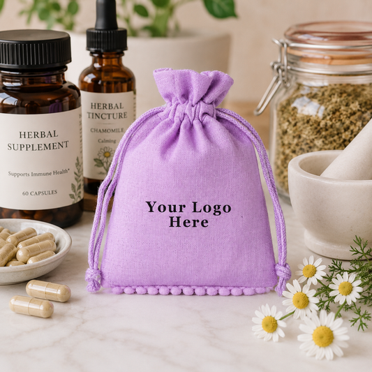 100pcs Custom Remedy Bags | Cotton Pouches with Pompom Drawstring for Retail Packaging