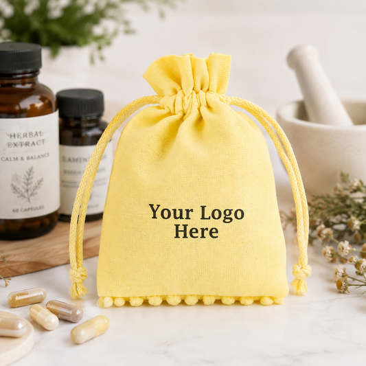 100pcs Yellow Pharmacy Packaging Pouches | Bottom Pompom Cotton Bags with Secure Drawstring