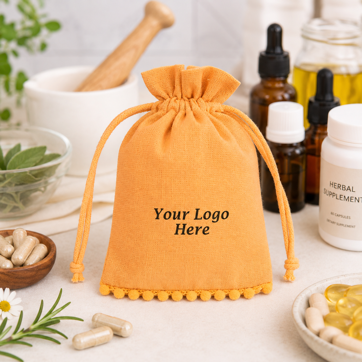 100pcs Health Product Storage Bags | Custom Cotton Pouches with Decorative Pompom