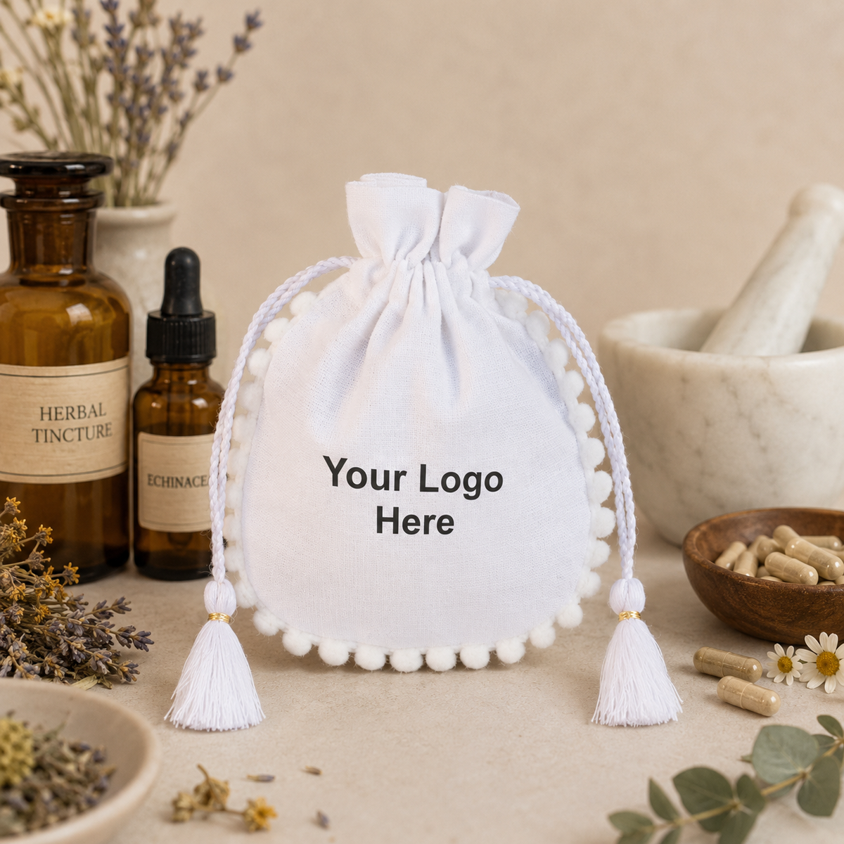 100pcs Custom Medicine Product Bags | Round Pompom Cotton Drawstring Pouches