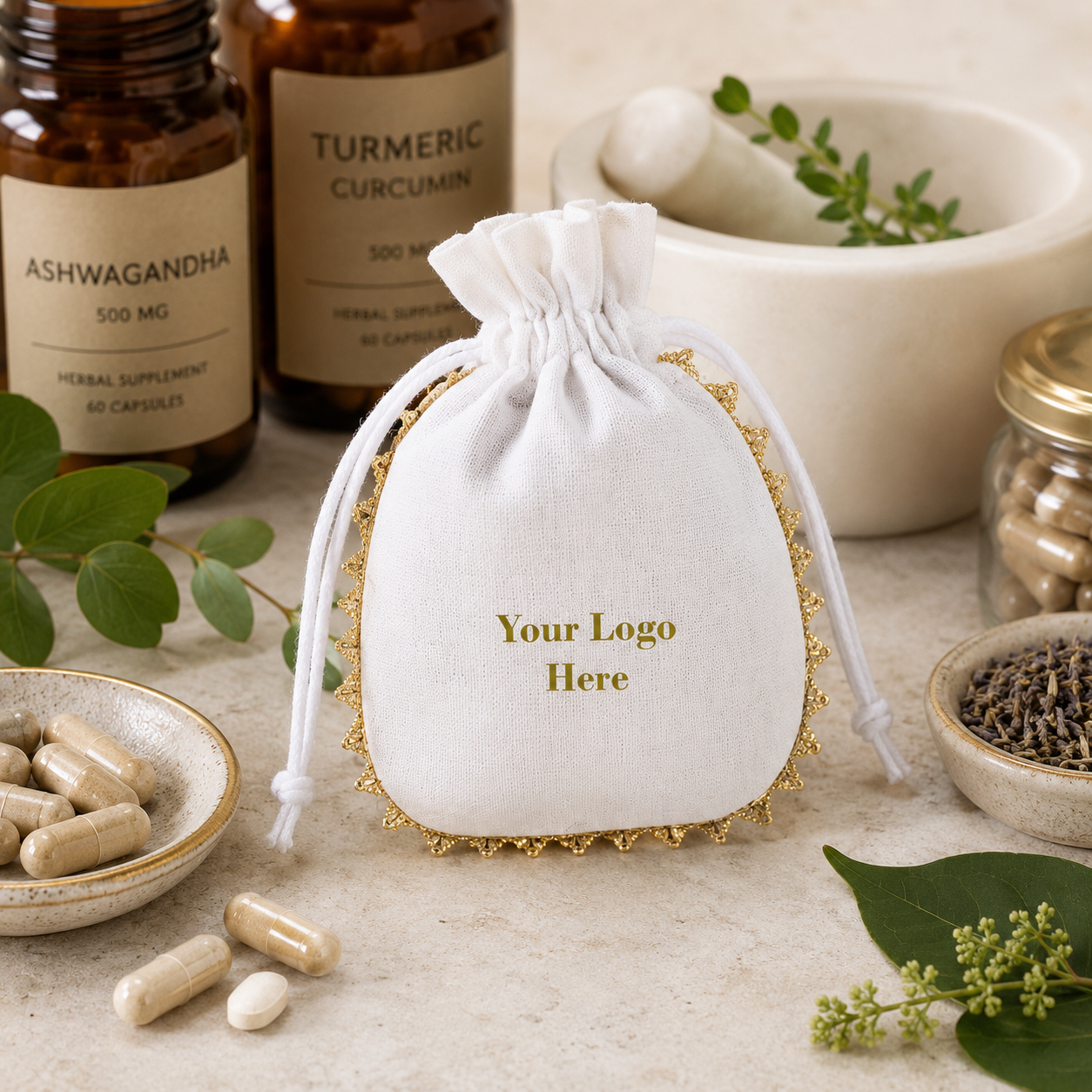 100pcs Pharmaceutical Product Pouches | Round Lace Cotton Bags with Secure Drawstring