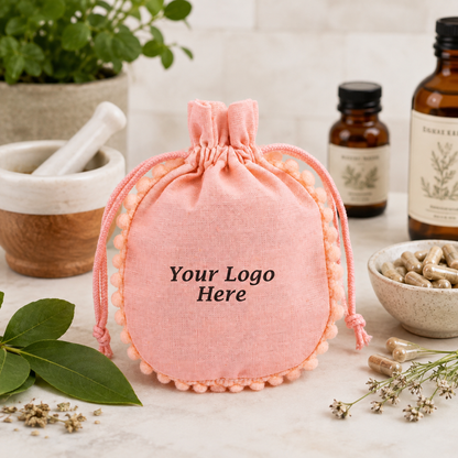100pcs Medicine Sachet Bags | Round Pompom Cotton Pouches with Drawstring Closure