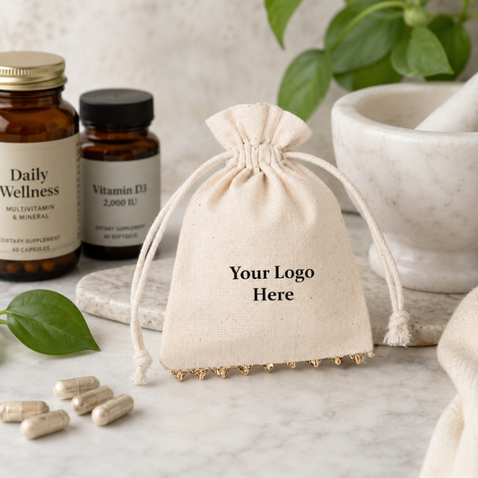 100pcs - Custom Remedy Packaging Bags | Bottom Lace Cotton Pouches for Health Products