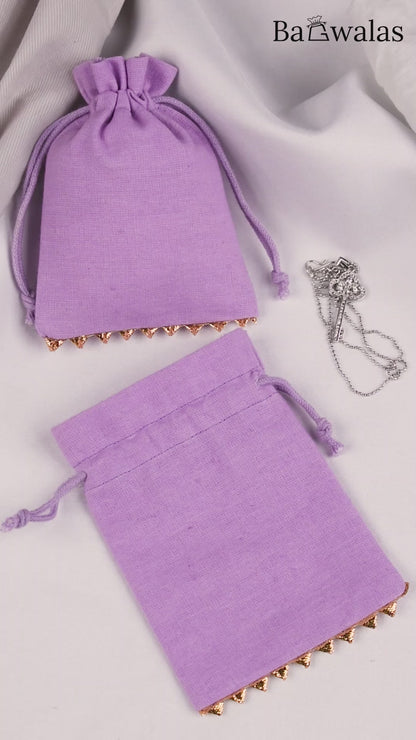 100pcs Golden Lace Light Lavender Designer Cotton Drawstring Pouch, 100% Pure Cotton Pouches