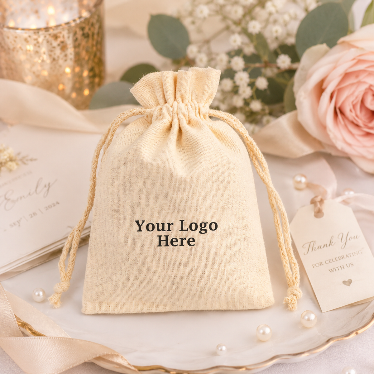 100pcs Personalized Cotton Wedding Pouches | Custom Drawstring Bags for Wedding Favors