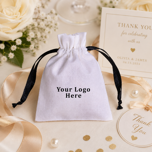100pcs - White Custom Wedding Favor Pouches | Cotton Drawstring Bags for Guests & Events