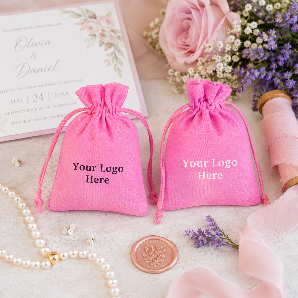 100pcs - Wedding Gift Bags with Logo | Custom Cotton Drawstring Pouches for Events