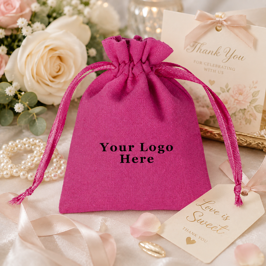 100pcs - Dark Pink Custom Cotton Favor Bags for Weddings | Personalized Drawstring Gift Pouches