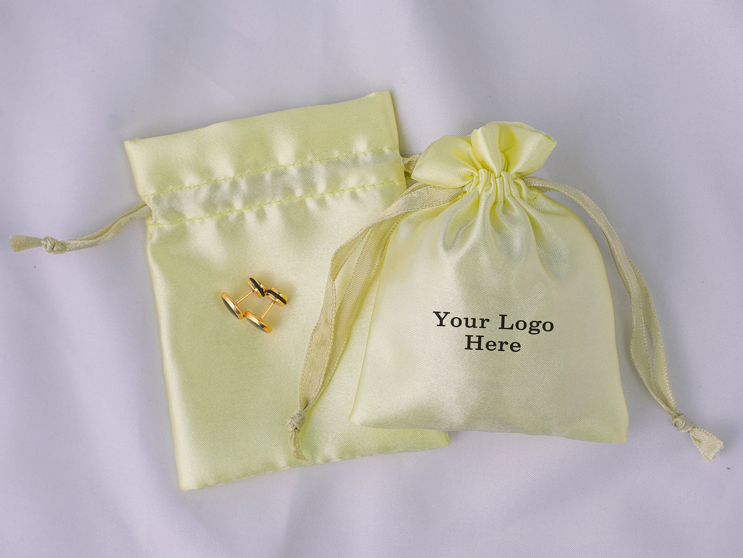Pack of 100 - Lemon Satin Drawstring Jewelry Bags With Logo in Wholesale & Bulk