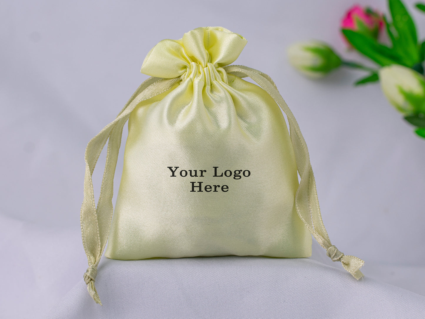 Pack of 100 - Lemon Satin Drawstring Jewelry Bags With Logo in Wholesale & Bulk