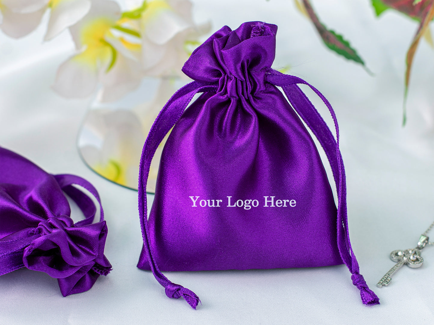 100pcs Satin Drawstring Pouch With Logo in Wholesale, Wedding Favor Bags for Gifting