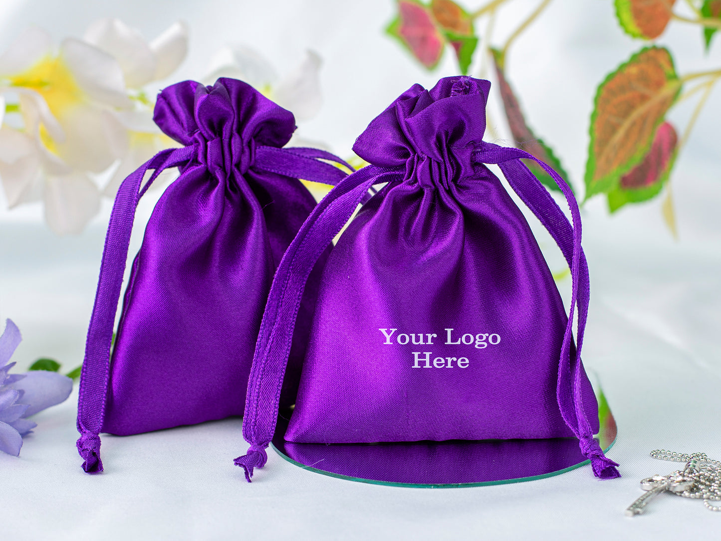 100pcs Satin Drawstring Pouch With Logo in Wholesale, Wedding Favor Bags for Gifting