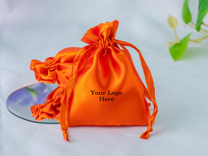 Pack of 100 - Orange Satin Drawstring Bags With Logo in Wholesale & Bulk