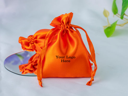 Pack of 100 - Orange Satin Drawstring Bags With Logo in Wholesale & Bulk