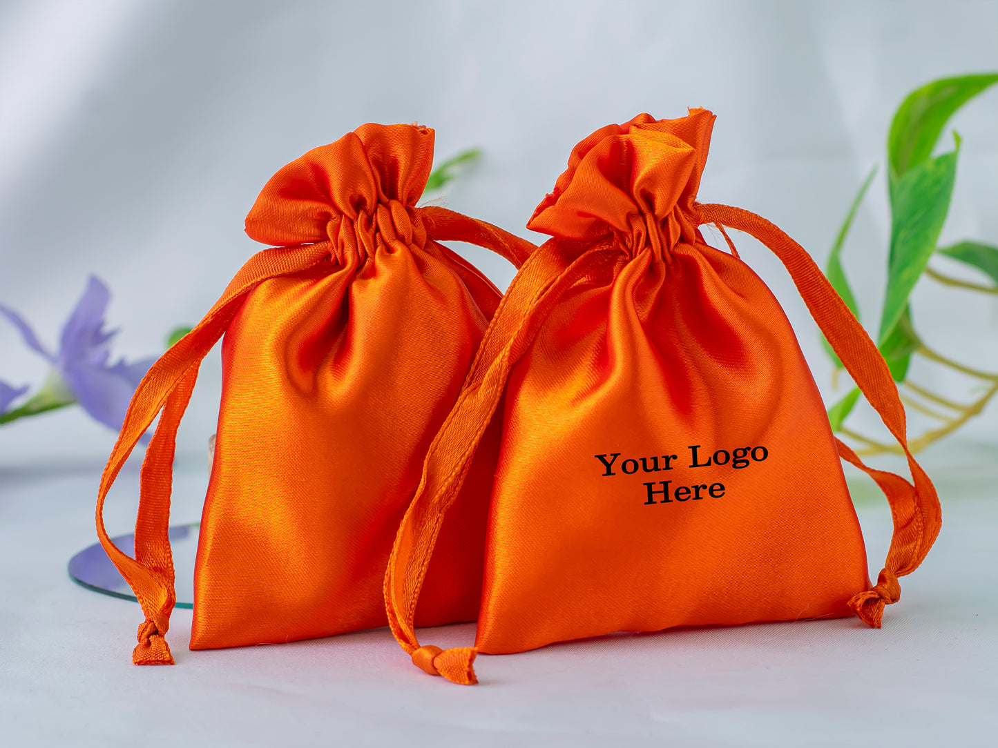 Pack of 100 - Orange Satin Drawstring Bags With Logo in Wholesale & Bulk