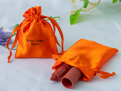 Pack of 100 - Orange Satin Drawstring Bags With Logo in Wholesale & Bulk