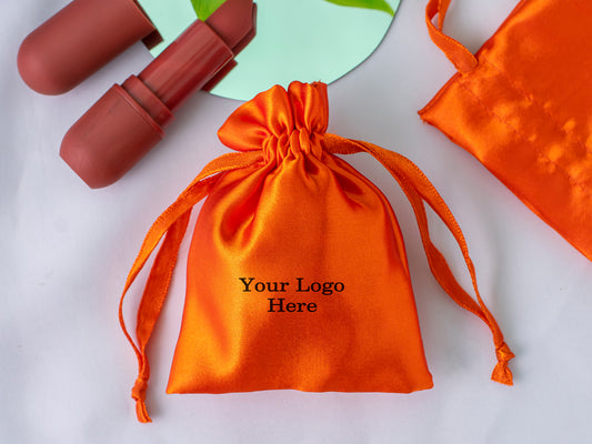 Pack of 100 - Orange Satin Drawstring Bags With Logo in Wholesale & Bulk