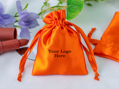 Pack of 100 - Orange Satin Drawstring Bags With Logo in Wholesale & Bulk