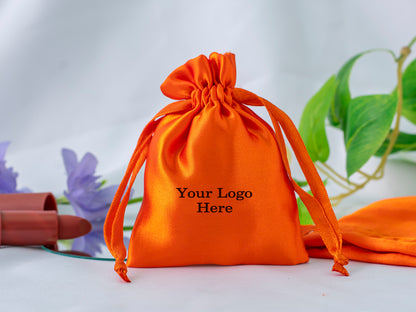 Pack of 100 - Orange Satin Drawstring Bags With Logo in Wholesale & Bulk