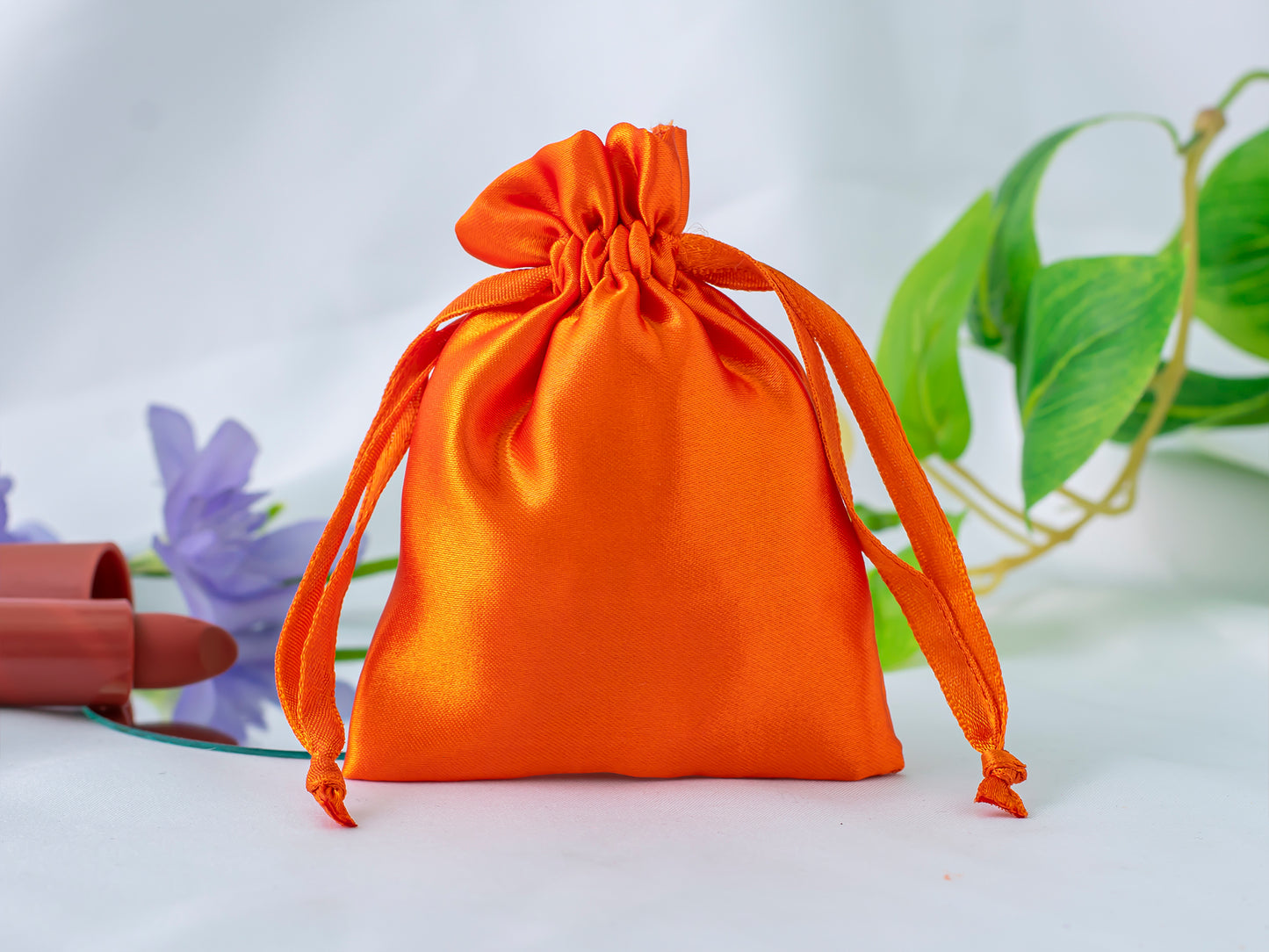 Pack of 100 - Orange Satin Drawstring Bags With Logo in Wholesale & Bulk